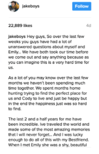 Jake Boys’ Break Up Message. Jake Boys’ Break Up Message.
