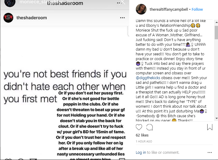 Tiffany Campbell dishing Moniece Slaughter on her Instagram Post 